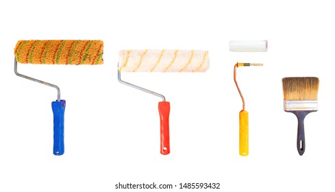 Set of used painting and decorating tools, isolated on white background. On white bg. Brush and paint-rollers. 