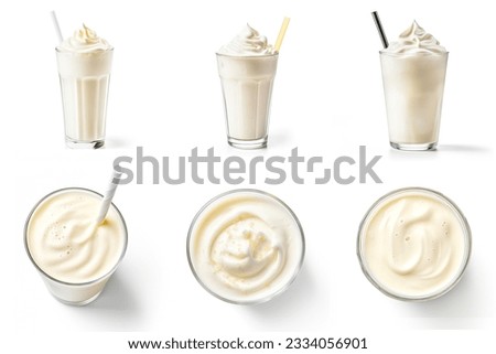 Set of vanilla milkshakes top view and side view isolated on white background. 3d rendering