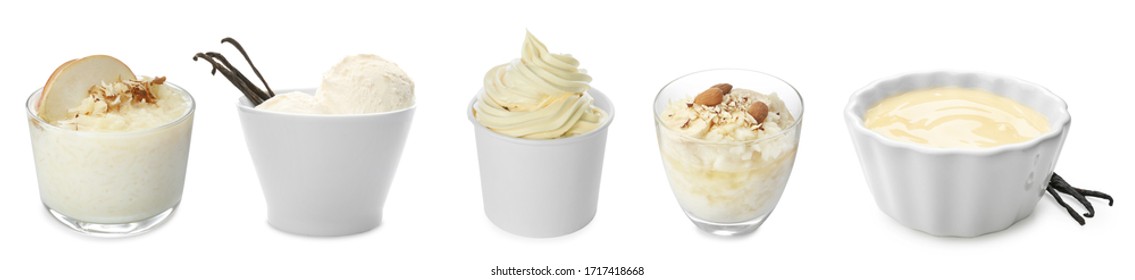 Set Of Vanilla Puddings, Ice Cream And Frozen Yogurt On White Background