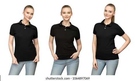 Set variations promo pose girl in blank black polo shirt mockup design for print and concept template young woman in T-shirt front and half turn view isolated white background with clipping path.