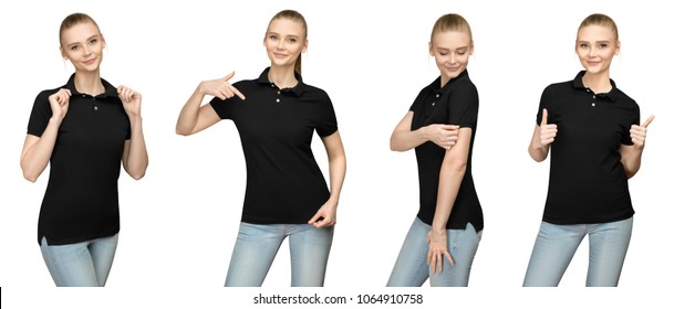 Set Variations Promo Pose Girl In Blank Black Polo Shirt Mockup Design For Print And Concept Template Young Woman In T-shirt Front And Half Turn Side View Isolated White Background With Clipping Path.