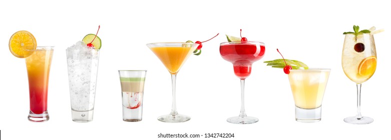 Set of a variety of cocktails decorated with berries on a white background. Isolated. Banner. - Shutterstock ID 1342742204