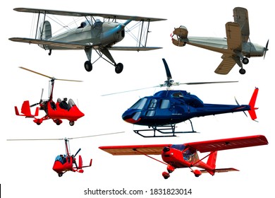 Set of various airplanes and helicopters isolated on white background..