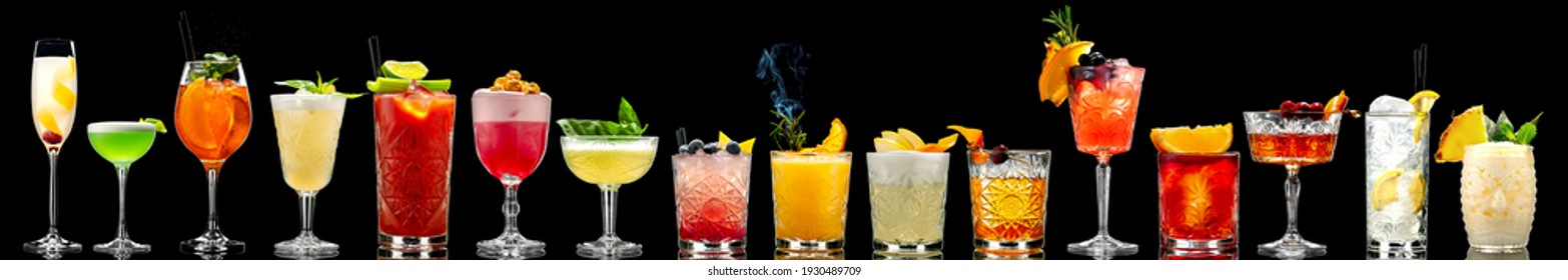 Set of various alcohol cocktails on black background.