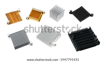 Set of various anodized aluminum coolers isolated on a white background. Alu heat sinks for cooling of electronic components as chipsets on computer motherboard or video cards. Overheating protection.