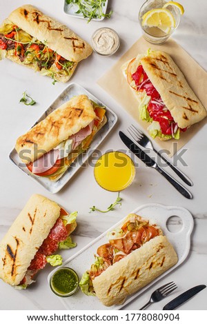 Set of various assorted roasted panini sandwiches over marble background. Top view, flat lay