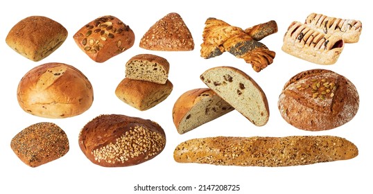 Set of various baked bread isolated on white background with clipping path. Many different wheat, grain and rye bread with ears of rye and wheat
