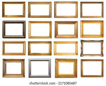 set of various blank horizontal old wide picture frames cutout on white background