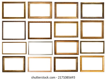 set of various blank horizontal old narrow picture frames cutout on white background