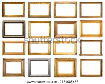 set of various blank horizontal old wide picture frames cutout on white background