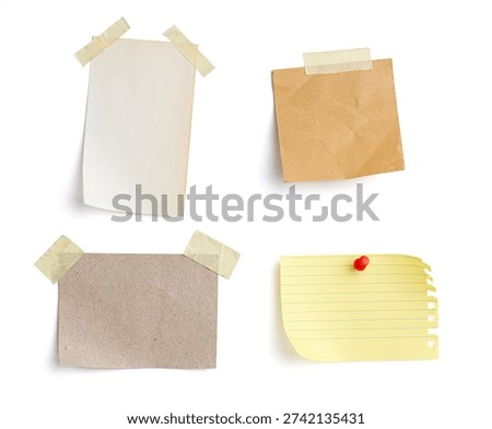 Set of various blank paper notes attached with masking tape and red push pin, isolated on white background. Mockup collection for reminder, message, announcement, office communication. Clipping path included