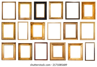 set of various blank vertical old picture frames cutout on white background