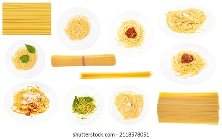 Set Of Various Boiled And Dry Spaghetti Isolated On White Background