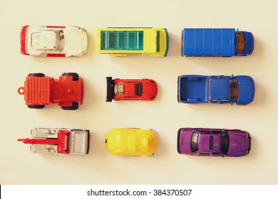 Set Of Various Cars Toys, Top View Image
