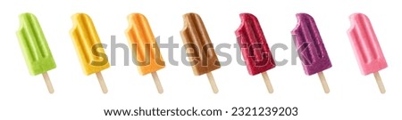 Set of various colorful fruit and berry popsicles isolated on white background