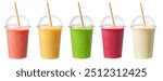 set of various colorful smoothies in take away cups isolated on white background