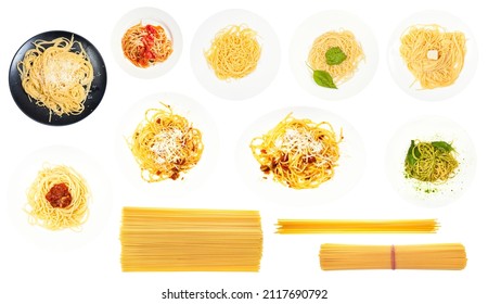 Set Of Various Cooked And Dry Spaghetti Isolated On White Background