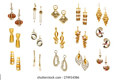 Set Of Various Earrings Isolated On White