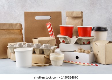 Set Of Various Eco Friendly Packaging, Disposable Recyclable Containers And Tableware. Zero Waste Concept.