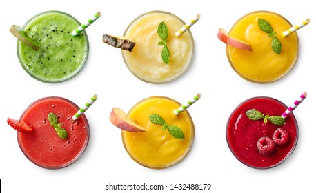 Set of various fresh fruit smoothies isolated on white background. Top view
