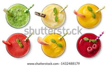 Set of various fresh fruit smoothies isolated on white background. Top view Foto d'archivio © 
