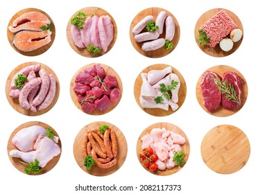 Set Of Various Fresh Meat Products On Wooden Boards Isolated On White Background, Top View