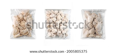 set of various frozen uncooked dumplings in recycled plastic bag on white background isolated