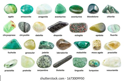 set of various green gemstones with names (chrysotile, chlorite, malachite, prehnite, chrysoprase, grossular, prasiolite, jadeite, labradorite, vesuvianite, serpentine, etc) isolated on white - Shutterstock ID 1673009950