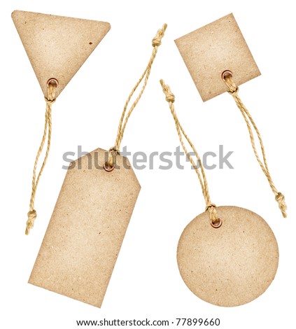 Set of various grungy aged paper tags with metal rivets and simple traditional strings, isolated on white background, highly detailed
