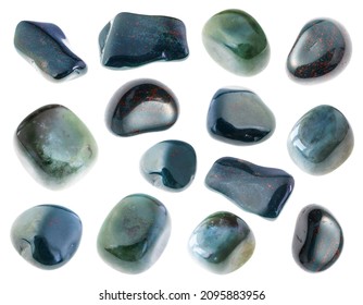 set of various heliotrope (bloodstone) stones cutout on white background
