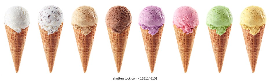 Набор различных совок мороженого в вафельных конусах, изолированных на белом фоне