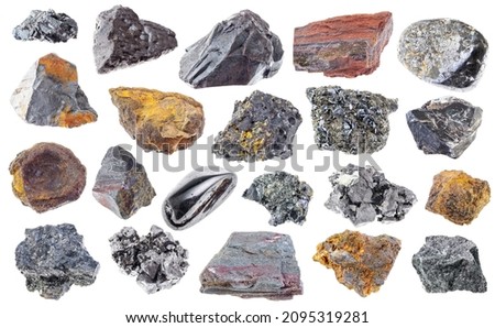 set of various iron ore minerals cutout on white background