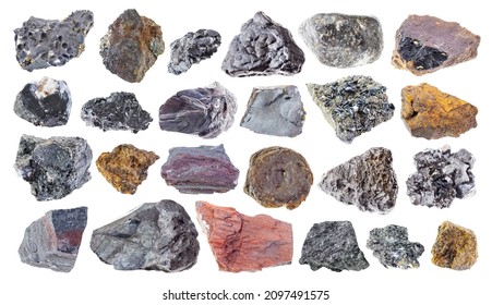 set of various iron ore stones cutout on white background