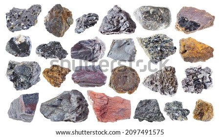 set of various iron ore stones cutout on white background