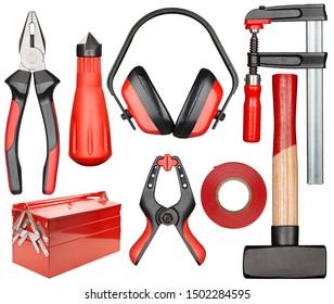 Set Of Various Isolated Hand Tools For Manual Work. Red And Black Colors.