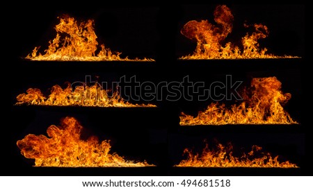 Set of various kind of flames, isolated on black background. high resolution