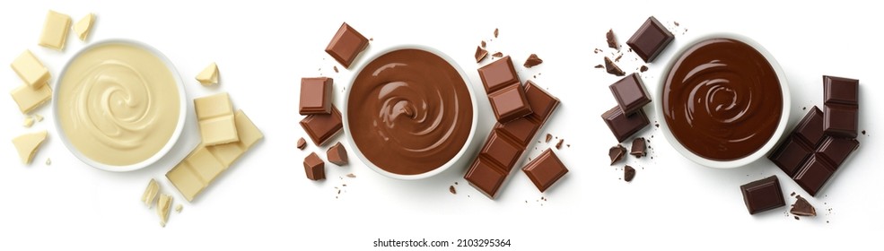 Set of various melted chocolate bowls (dark, milk and white) and pieces of broken chocolate bars isolated on white background, top view