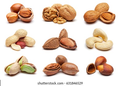 Set of various nuts isolated on the white background.