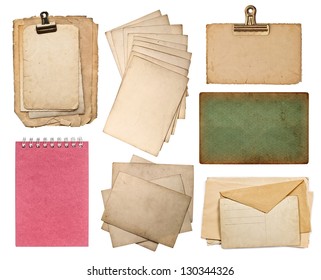 Set Of Various Old Paper Sheets. Vintage Photo Album And Book Pages, Cards, Pieces Isolated On White Background