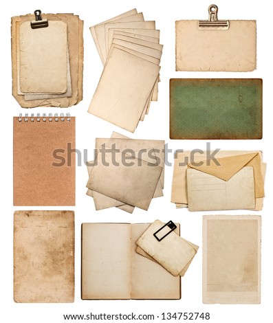 set of various old paper sheets. vintage photo album and book pages, cards, pieces isolated on white background