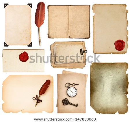set of various old paper sheets. vintage book pages, cards, photos, pieces isolated on white background. antique vintage accessories ink pen and wax seal