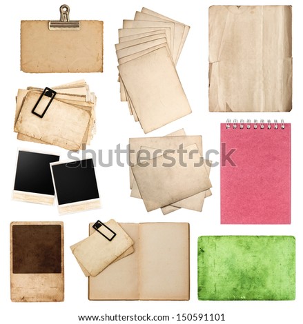 set of various old paper sheets and pictures. vintage photo album and book pages, cards, pieces isolated on white background