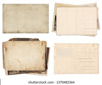 Set of various Old papers and postcards with scratches and stains texture isolated on white