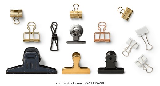 set of various paper clips isolated over a white background, office desk stationery, golden, silver, black, white, and rose gold design elements for attachments to your layouts or moodboards