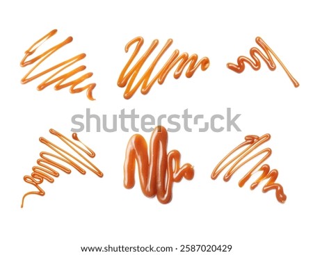 Set of various patterns drawn with caramel syrup isolated on white background