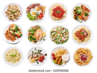 set of various plates of food isolated on white background, top view - Shutterstock ID 1209540580
