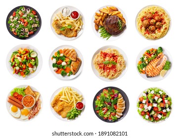 набор различных тарелок с едой, изолированных на белом фоне, вид сверху