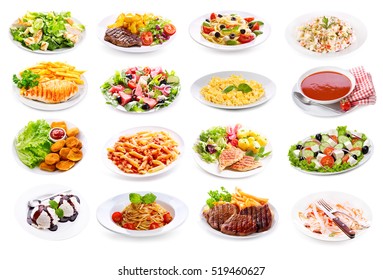 Set Of Various Plates Of Food Isolated On White Background