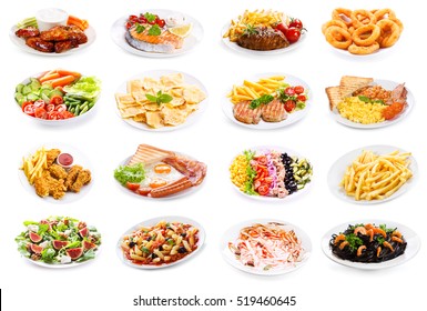 set of various plates of food isolated on white background - Shutterstock ID 519460645