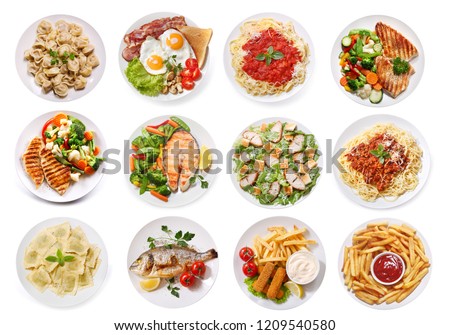 set of various plates of food isolated on white background, top view
